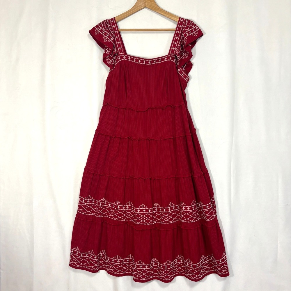 Knox Rose Womens Red Embroidered‎ Tiered Midi Dress Sz M Prairie Boho Cottage - Picture 6 of 10